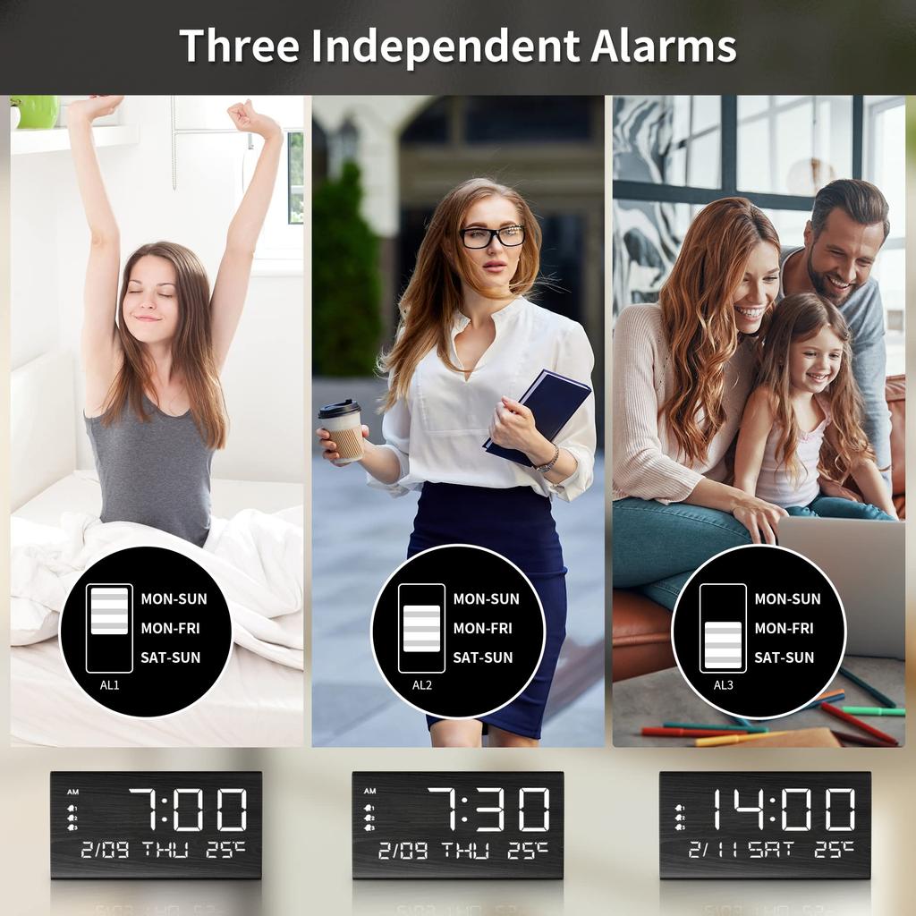 JALL Цифровой будильник Деревянный Электронный светодиодный таймер 3 будильника Температура Деревянные электрические часы для ночника, дисплей, настройки, режим будний день/выходной день,