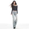 Lace splicing light blue low-rise slightly pulled jeans women's autumn new loose and thin flared pants