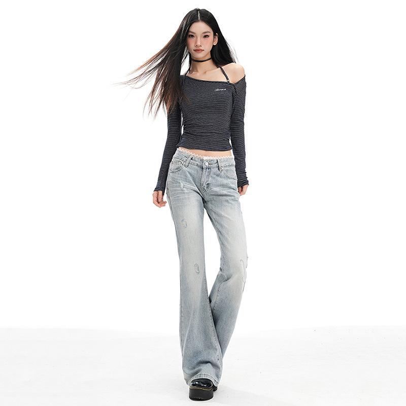 Lace splicing light blue low-rise slightly pulled jeans women's autumn new loose and thin flared pants