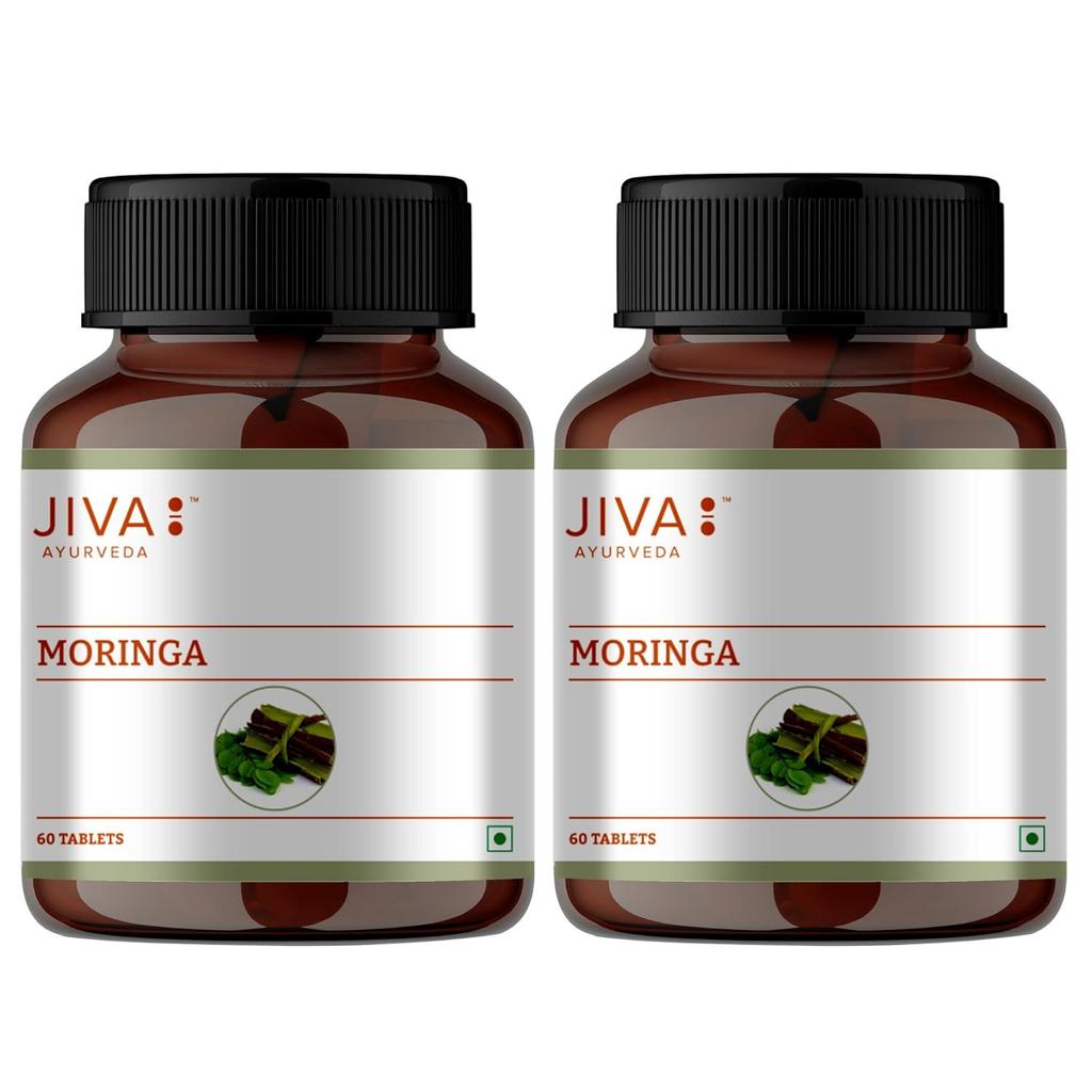 Таблетки Jiva Moringa | Повышают иммунитет, энергию и пищеварение | Поддерживает здоровье сердца, кожи и волос | 100% аюрведический и органический продукт - 60 таблеток (Пакет из 2)