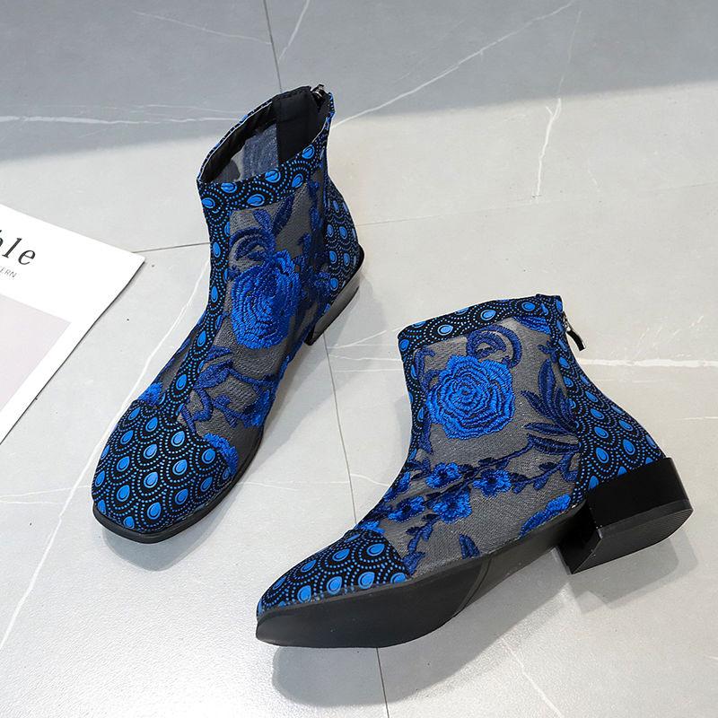 Женские повседневные офисные ботинки с квадратным носком, летние ботинки, женская обувь с цветочной сеткой на молнии и круглым носком