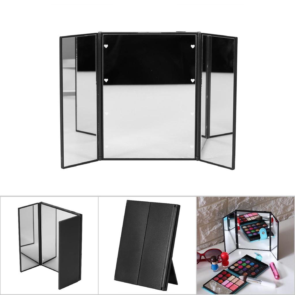 1pc Tri  Sided Foldable 8 Led Brightness Lights Desktop Table Makeup Cosmetic Mirror (Black)