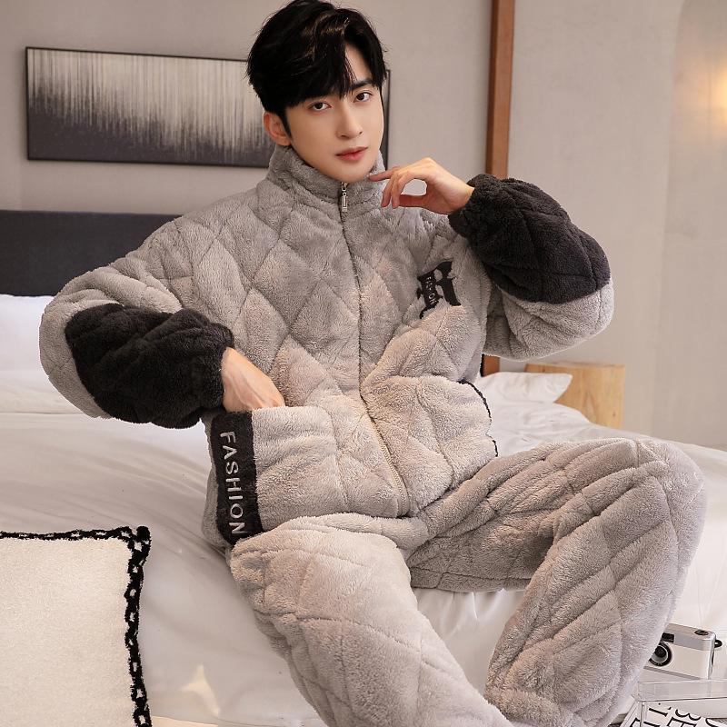 Men's Three-Layer Thickened Cotton Winter Pajamas - Warm, Simple, Luxury, and Suitable for Indoors and Outdoors.