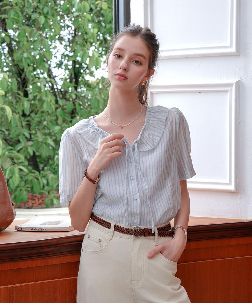 PIGMENT See-Through Neck Shirred Stripe Blouse (Kybl2604006)