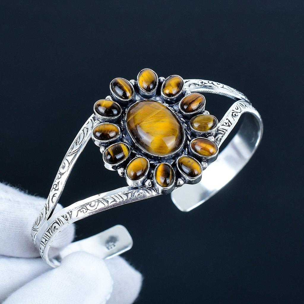 Натуральный камень Тигровый глаз Ручной работы Манжета-браслет из серебра 925 пробы, Браслет в форме цветка Тигровый глаз для жены, Унисекс браслет для подарка