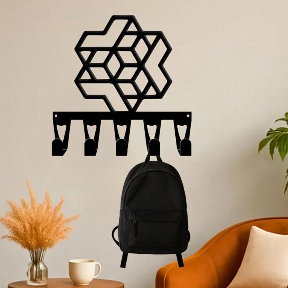Modern Hexagon Wall Mounted Key Holder with 5 Hooks, Forged Iron Craft Geometric Entryway Decor
