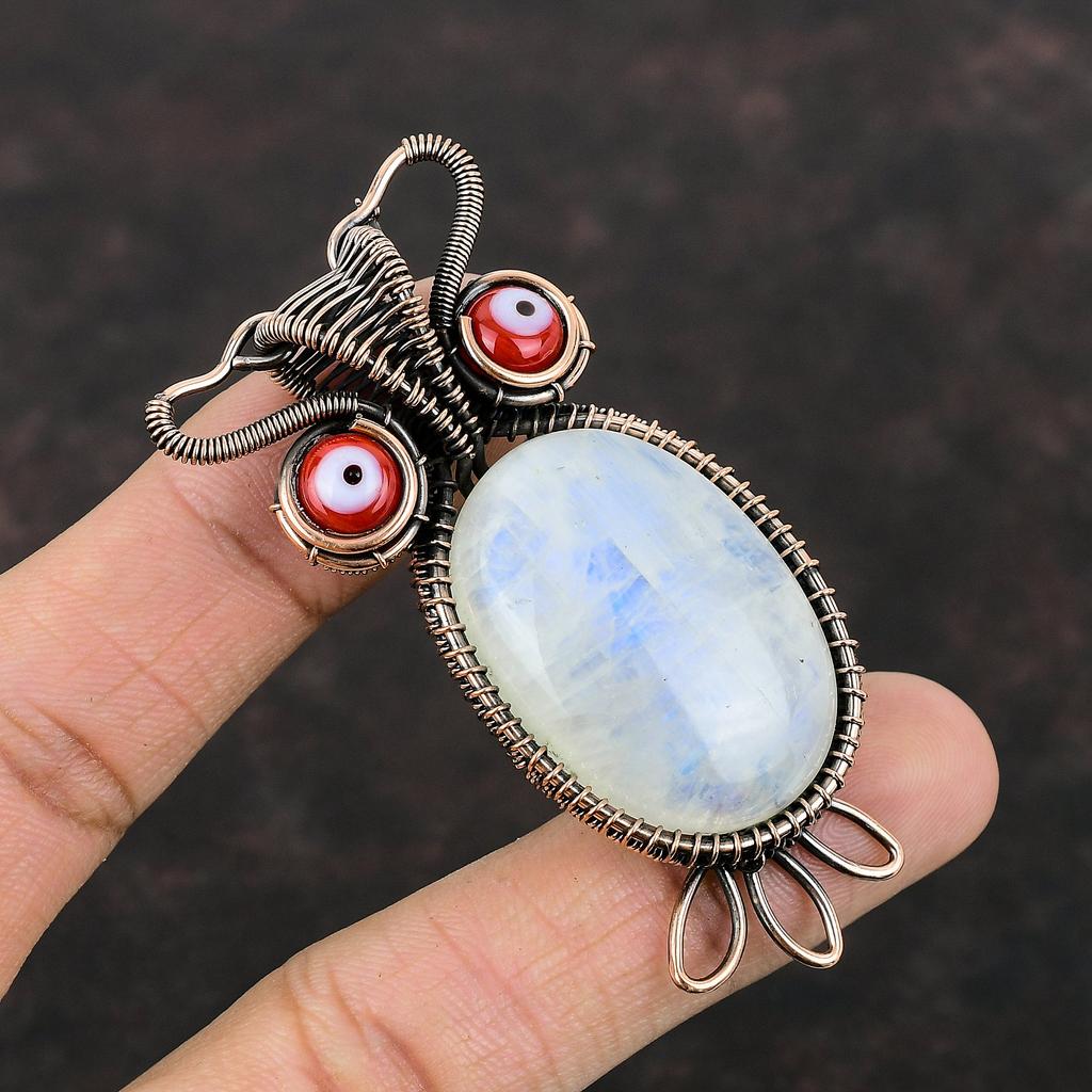 Подвеска из радужного лунного камня, обернутая медной проволокой, подвеска красного цвета от сглаза, ювелирные изделия ручной работы из драгоценных камней, подвеска из медной проволоки, подвеска в виде совы