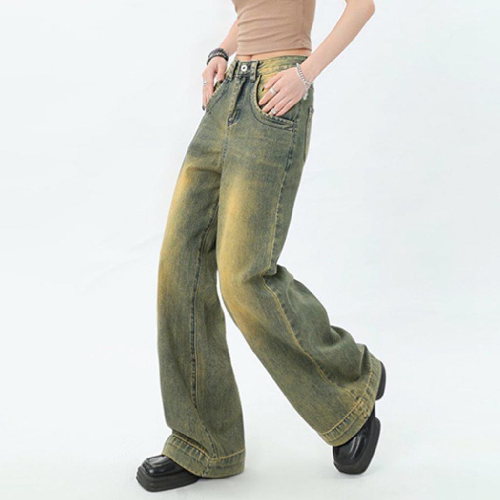 American Retro Distressed Yellow Mud Wide-leg Jeans For Women Fall New High Waist Loose Personality High Street Straight Pants