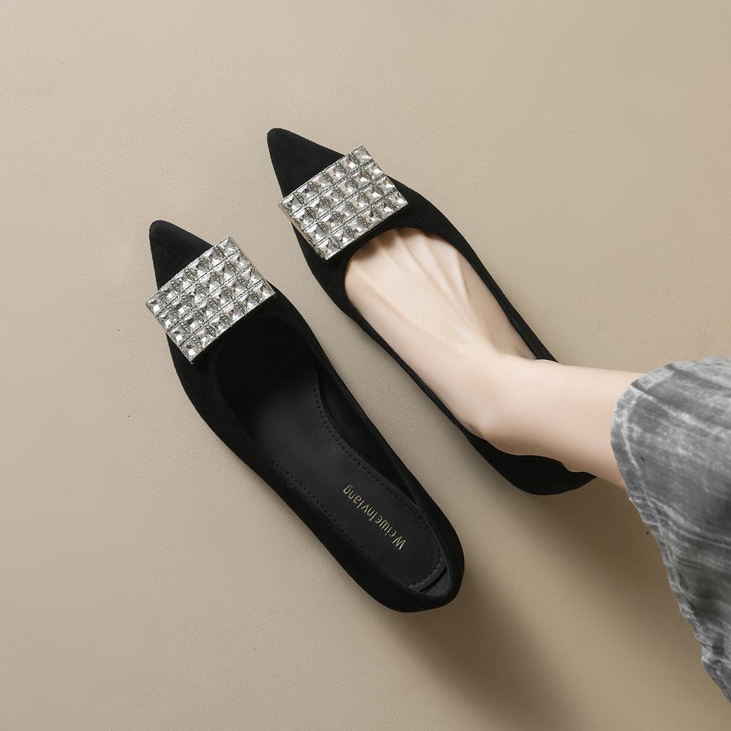 Black Commuting Shallow Mouth Spring Pointed Single Shoes Women's Thick Heel Temperament Rhinestone High Heels
