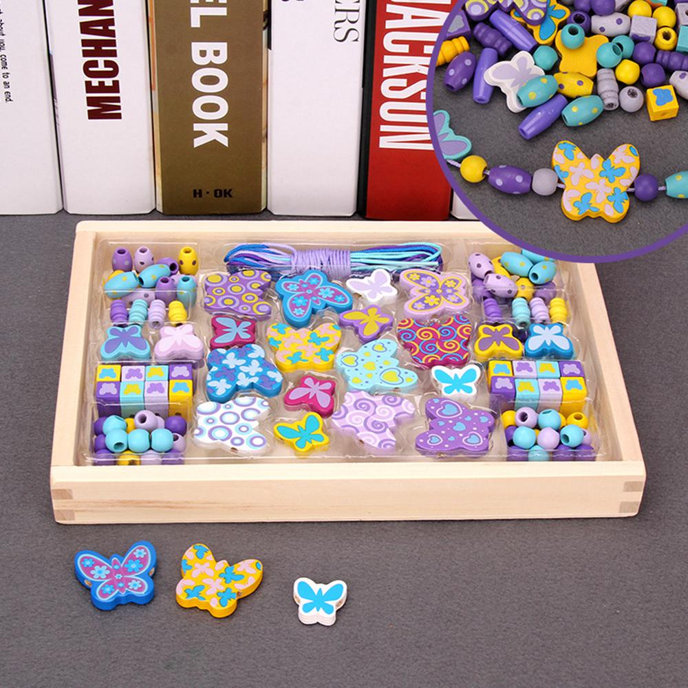 Wood Blocks DIY Butterfly Block Toys Stringing Threading Beads Game