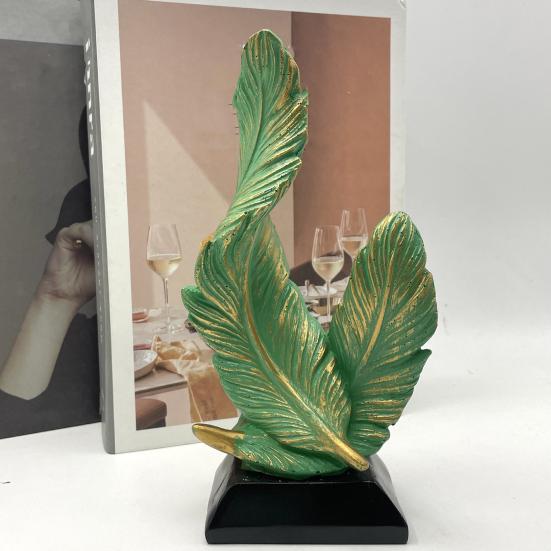 Artistic Feather Statue Modern Green White Feather Shape Resin Figurine Sculpture Home Office Desktop Decoration Ornament