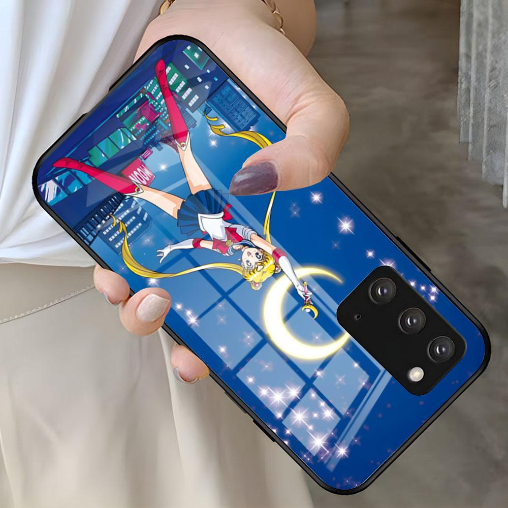 Чехол для телефона с аниме-персонажами S-Sailor M-Moon для Samsung S25 S24 FE S23 S22 S21 Plus S20 Ultra Note20Ultra Черная стеклянная крышка