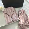 2Pcs/set Ice Silk Women's Pajamas Short Sleeve Short Pants Simulation Silk Home Clothing Solid Color Striped Student Pajamas