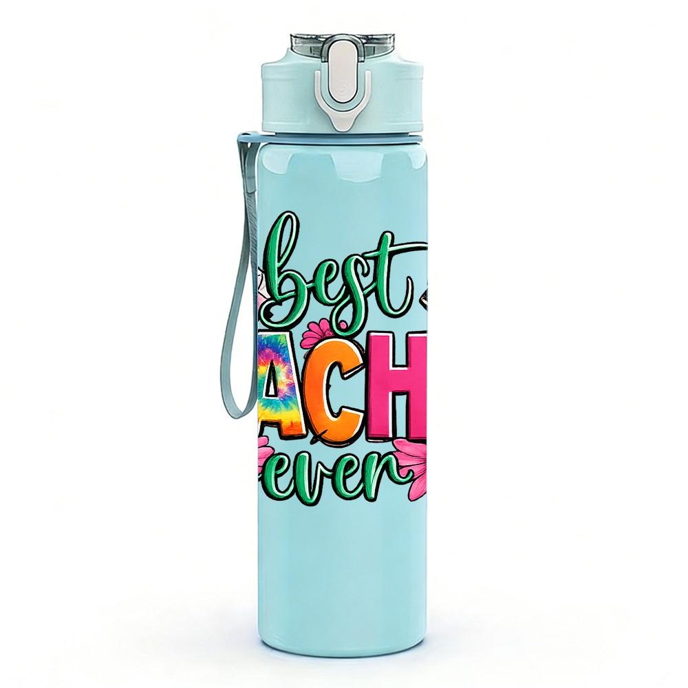 1PC Best Teacher Ever Bright Letter Print 750ml Color Plastic Sports Water Bottle Leakproof Flip Straw Lid Suitable for Sports Office Home Use