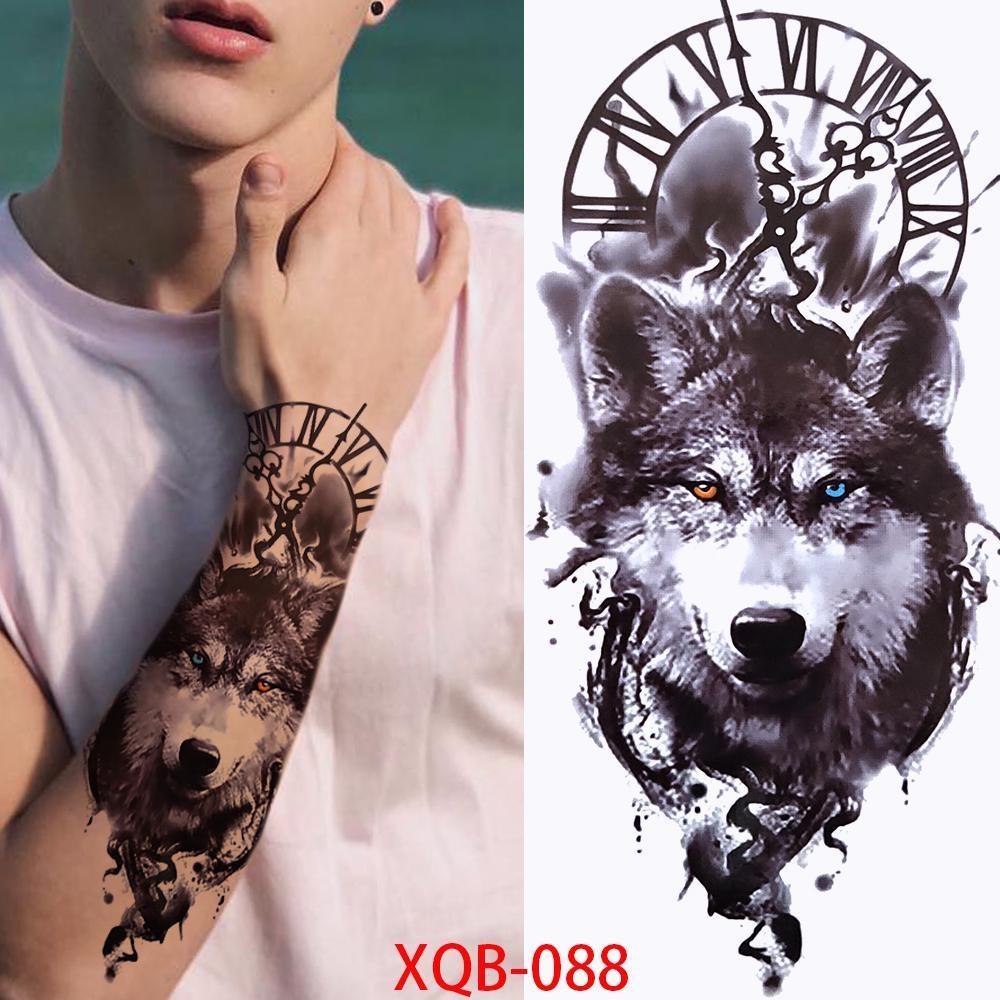 1 PC 210*114MM Cat Geometry Black Temporary Tattoos For Men Women Black Forest Skull Tiger Wolf Tattoo Sticker Evil Devil Arm Tattoo