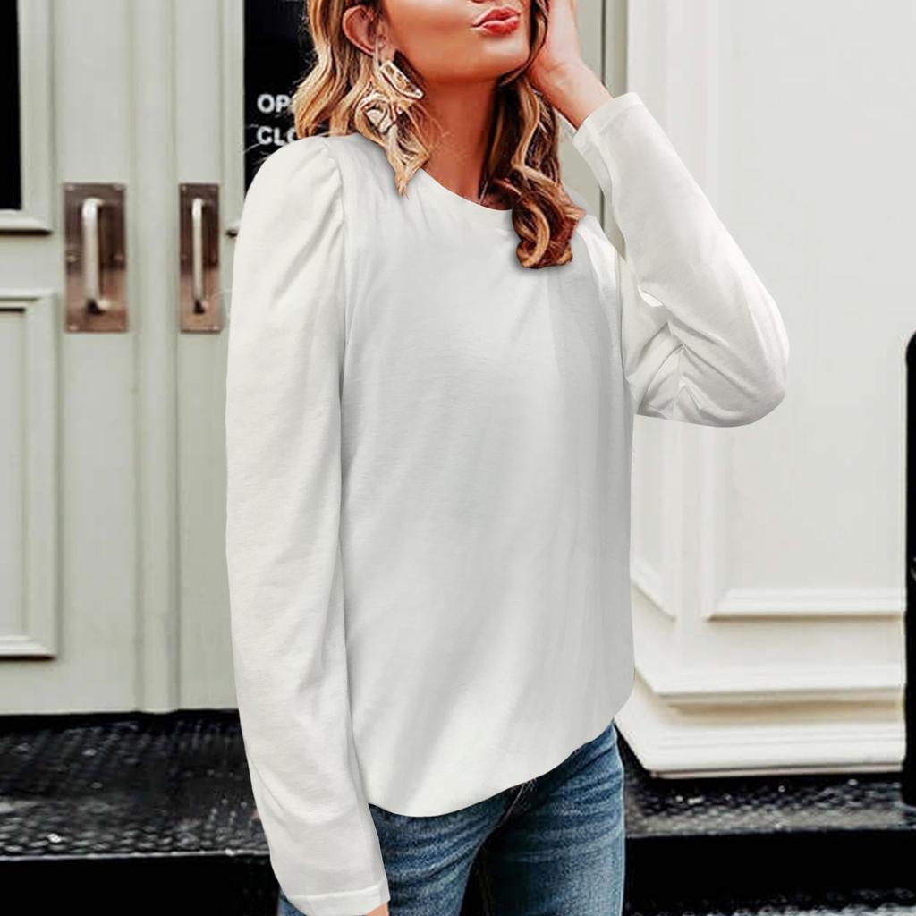 Женская модная повседневная однотонная блузка с длинным рукавом и круглым вырезом