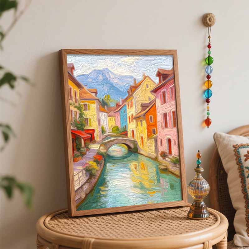 Digital oil painting kits featuring European canal town mountain landscape are ideal for professional art purposes and home wall decoration.