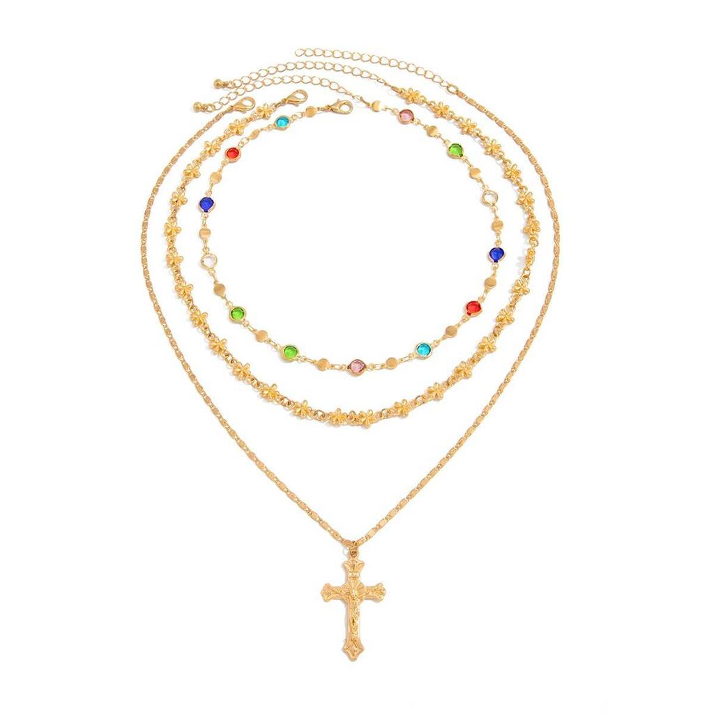 SHIXIN 3Pcs/Set Vintage Jesus Cross Pendant Necklace for Women Elegant Multilayer Colorful Crystal Chain Choker Jewelry Gift New