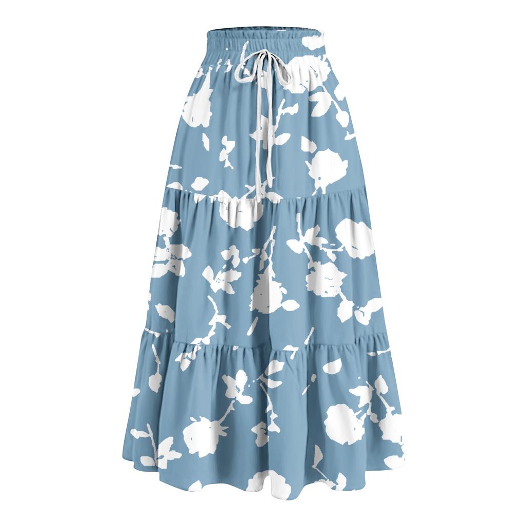 Women's Ruffled Spring Casual Long Skirt Plain Color Skirt Retro Pleated Skirt