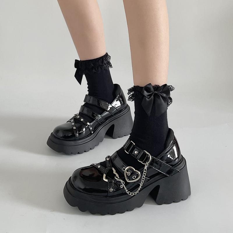 Fashion Gothic Style Shoes Platform Lolita Shoes Female Chain Heart Buckle Mary Janes Shoes High Platform Shoes Women's Punk Shoes Y2K