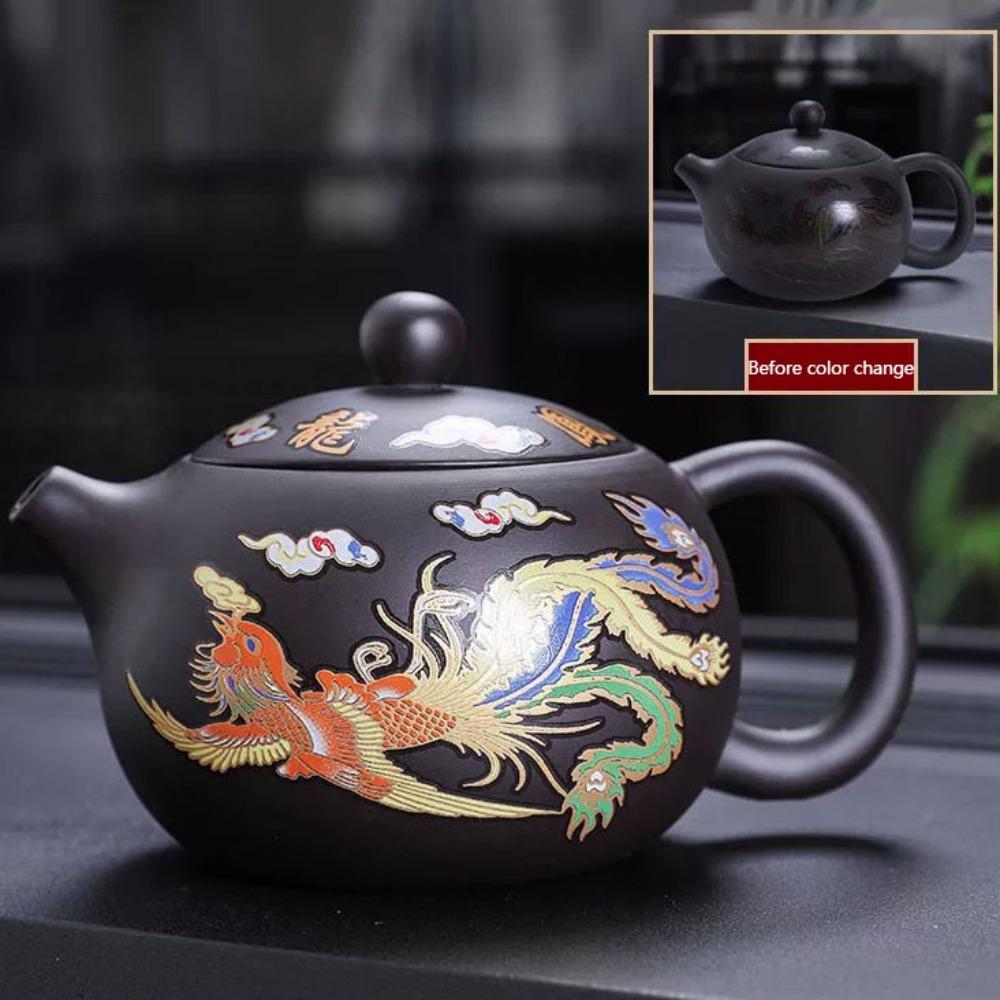 Hand-made Changes Color Purple Clay Teapot Dragons Phoenixs Pattern Tea Infuser  Living Room