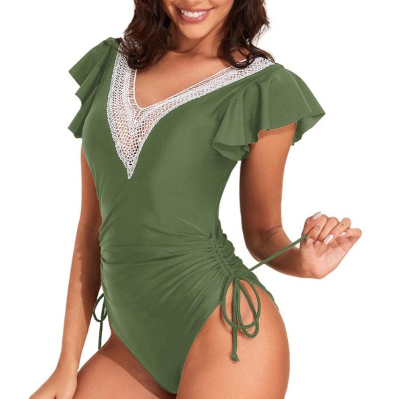 One Piece Bathing Suit For Women Deep V Neck Ruffles One Piece Bikini Backless Swimming Suit