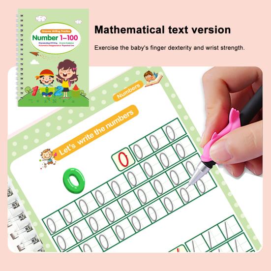 4Pcs Grooved Handwriting Practice Workbooks Reusable Kids Alphabet Number Learning Tracing Book Writing Practice Book with Pen Refills Pencil Gripper