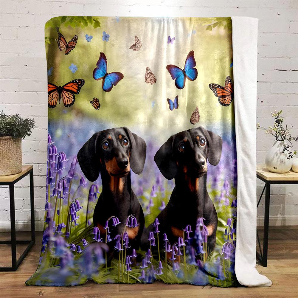 Dachshunds in Flower Field with Butterflies Patterned flannel blanket perfect for the bedroom living room, sofa, or a little nap