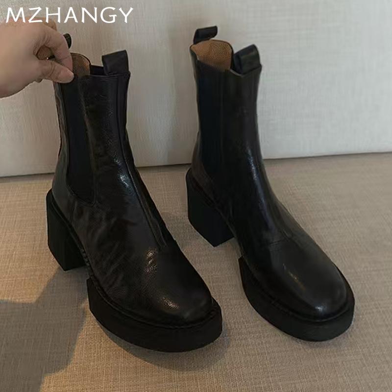 Модные женские кожаные ботильоны на высоком каблуке, дизайнерские элегантные теплые прохладные ботинки для женщин 2025 года, новое зимнее платье, уютные ботинки Mujer