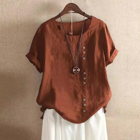 Women Casual Tops O-Neck Short Sleeve Buttons Decor Tee Shirt Loose Fit Solid Color Pullover