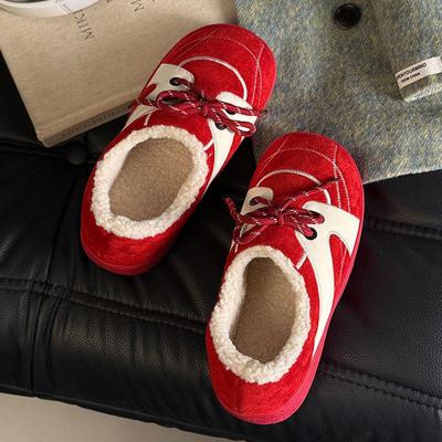 Набор из 2 женских ретро хлопковых тапочек Dexun - Осень/Зима, на шнуровке, нескользящие, на толстой подошве, теплые и уютные.