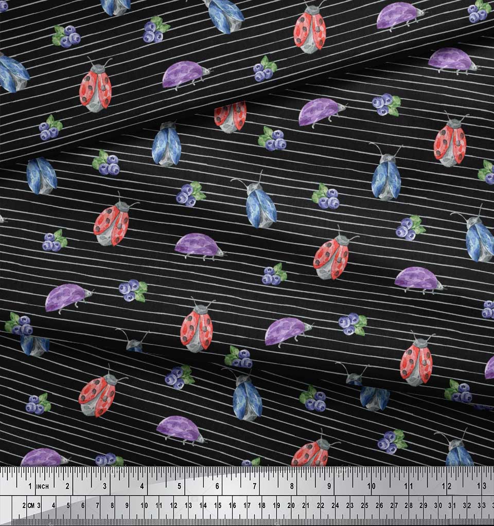 Soimoi Black Japan Crepe Satin Fabric Ladybug Insect Print Fabric by the Metre 42 Inch