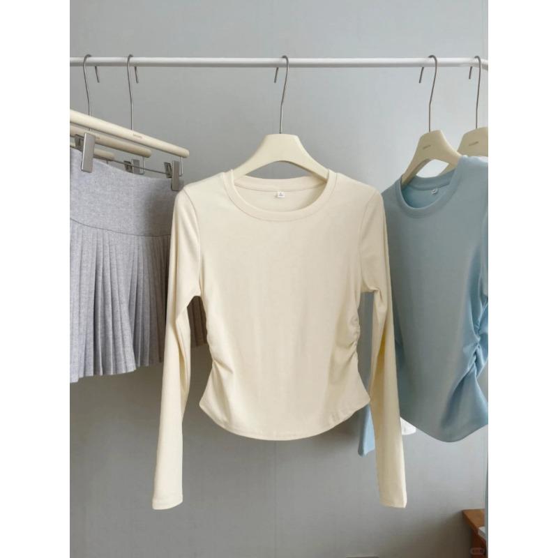 Card Waist Pleated White Long-sleeved Short Top Women's Autumn Small Hot Girl Slim-fitting Straight Shoulder Bottoming Shirt T-shirt