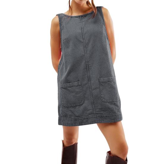 Женское платье с боковыми карманами, без рукавов, с открытой спиной, с круглым вырезом, свободное однотонное мини-платье, длиной выше колена, повседневное платье
