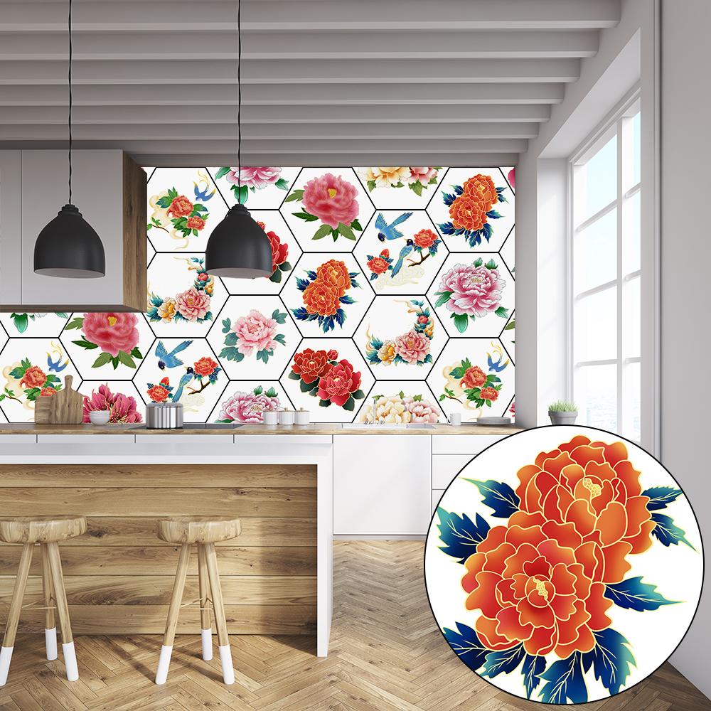 10 шт. цветы пиона шестиугольная плитка напольная наклейка на стену кухня ванная комната спальня домашний декор пилинг и; Водонепроницаемые художественные наклейки на стены