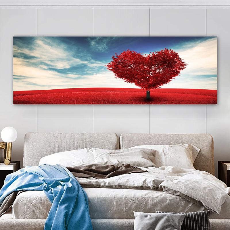 Современная панорамная картина на холсте с изображением цветочного поля на закате в ярких зеленых и красных тонах