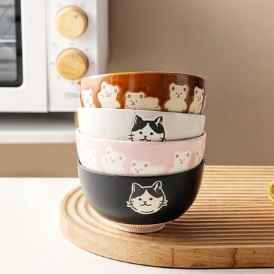 4,5-дюймовая миска с изображением медведя Kawaii, керамическая миска для риса с изображением котенка, мультяшная миска для завтрака с овсянкой и молоком, подходит для микроволновой печи