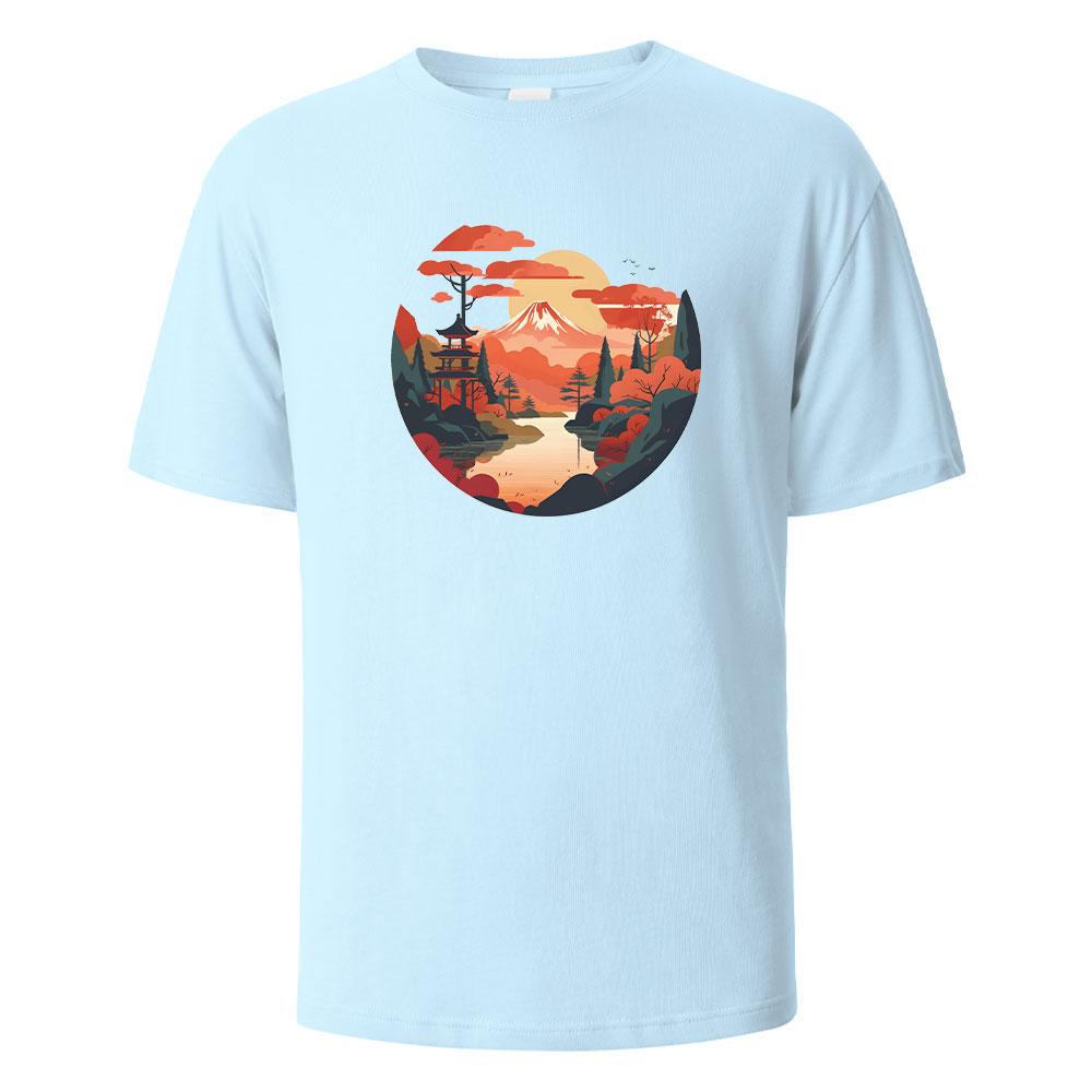Mount Fuji Print TShirt Casual Short sleeved Streetwear Basic Tops Summer Tees For Men Women 100 Cotton Oneck Oversize