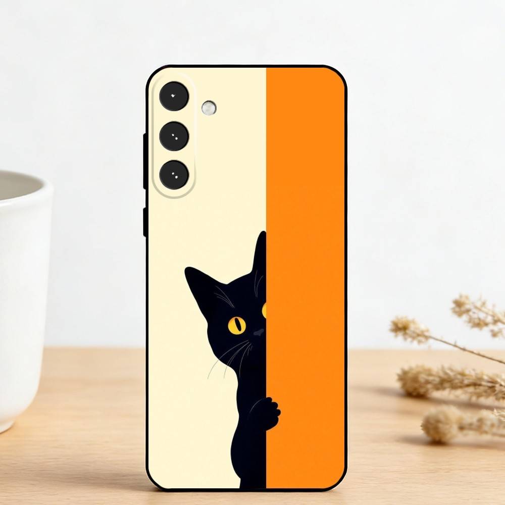 C-Cute Black White Cat Phone Case For Samsung Galaxy A73,A72,A71,A70,A53,A52,A51,Others Soft Black Cover