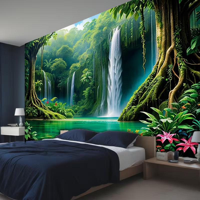 2D Turquoise Pool Waterfall Tapestry Lush Rainforest Photography Background