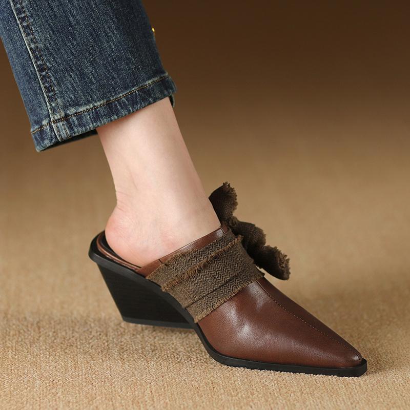 2024 Новые тапочки женские из натуральной кожи Мюли Модные летние туфли на высоком каблуке на танкетке Тапочки женские повседневные офисные туфли женские дамы