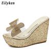 Модные прозрачные шлепанцы Eilyken из ПВХ для женщин, летние босоножки на платформе с бантом и кристаллами, на танкетке, размеры 34-40