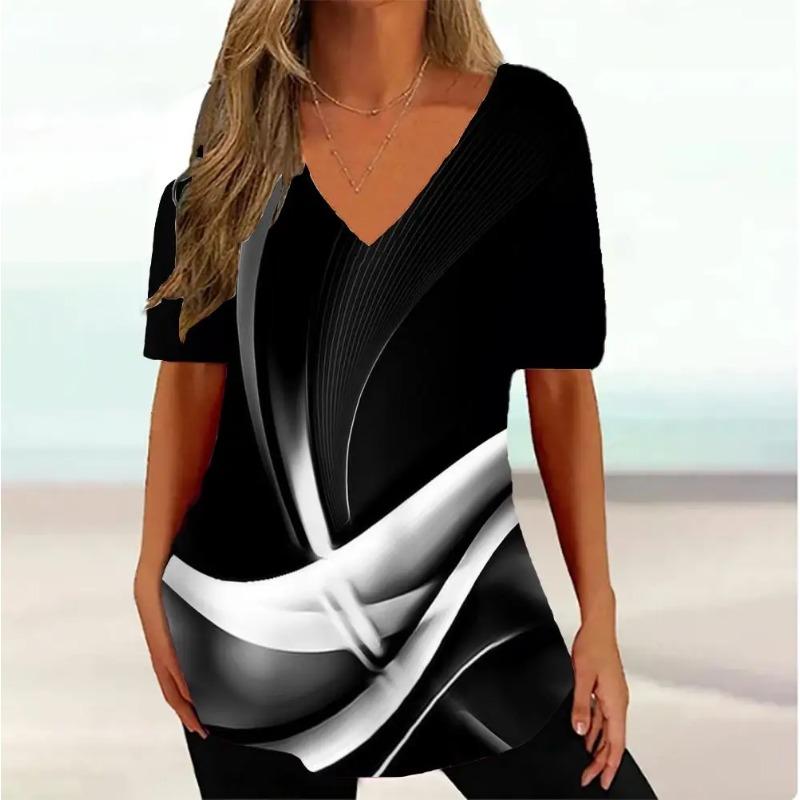 Plus Size Simple Women's T-shirt 3d Wave Curve Tee Fashion V-neck Summer Short Sleeve Loose Streetwear Female Clothes Casual Tshirt Ladies