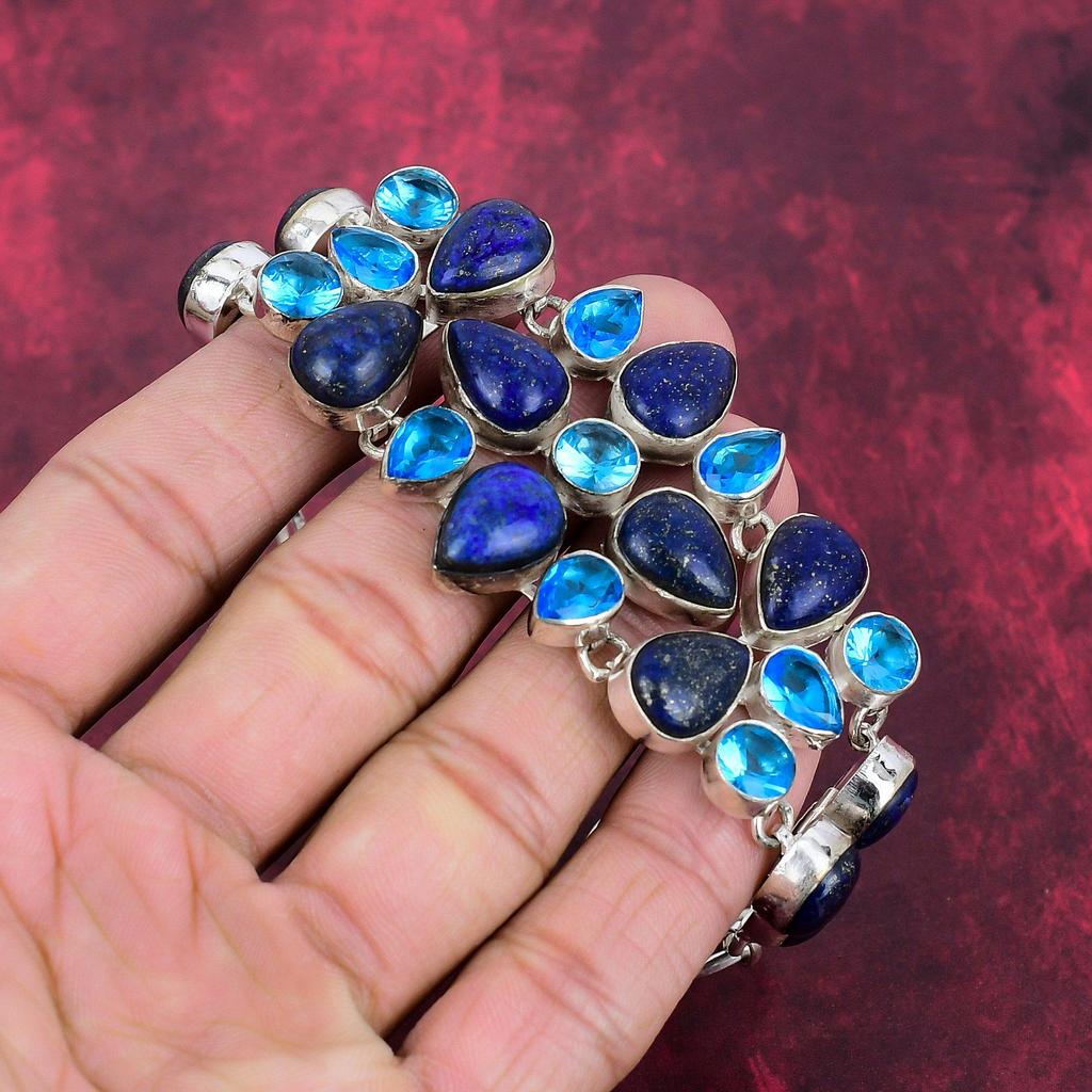 Лазурит, браслет с голубым топазом, ювелирные изделия из цельного серебра 925 пробы с драгоценными камнями, браслет ручной работы на День матери
