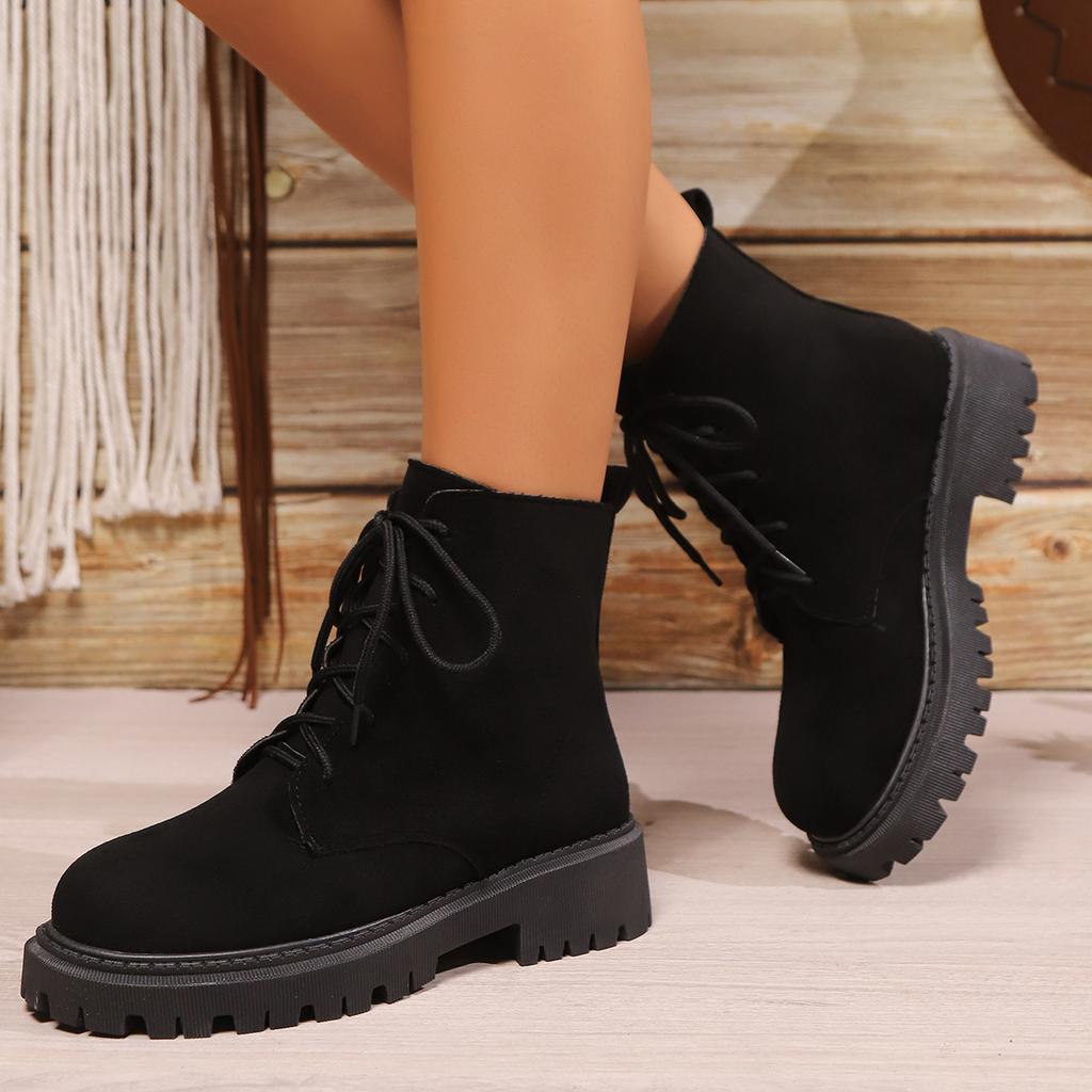 Autumn Black Low Heeled Ankle Boots for Women Flock Lace Up Platform Short Booties Woman Comfort Plus Size Boots Female