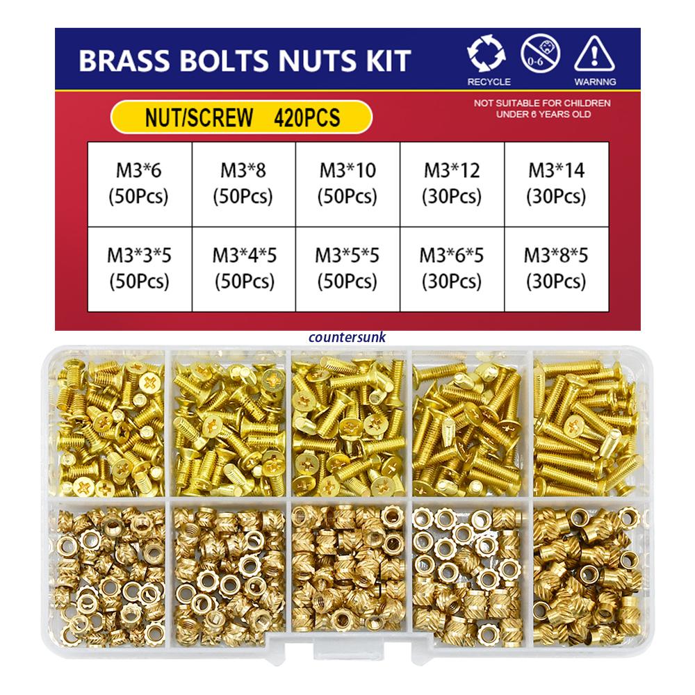 M2 M2.5 M3 M4 M5 Metric Threaded Insert Brass Nuts Bolts Set Countersunk Head Screw Hot Melt Heating Knurled Injection Nut Kits