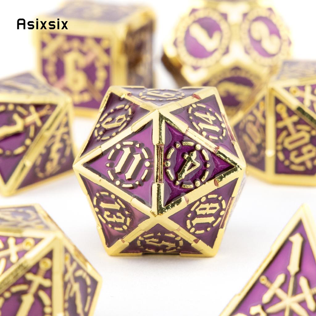 7 Pcs Golden Purple Double Swords Metal Dice Solid Polyhedral Dice Set Suitable for Role-Playing RPG DND Pathfinder Board Game