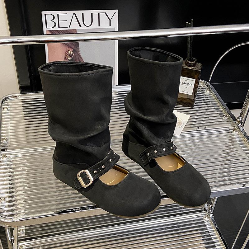 One-pedal medium boots women's autumn new short boots belt buckle thick-soled round head sleeve fashion boots
