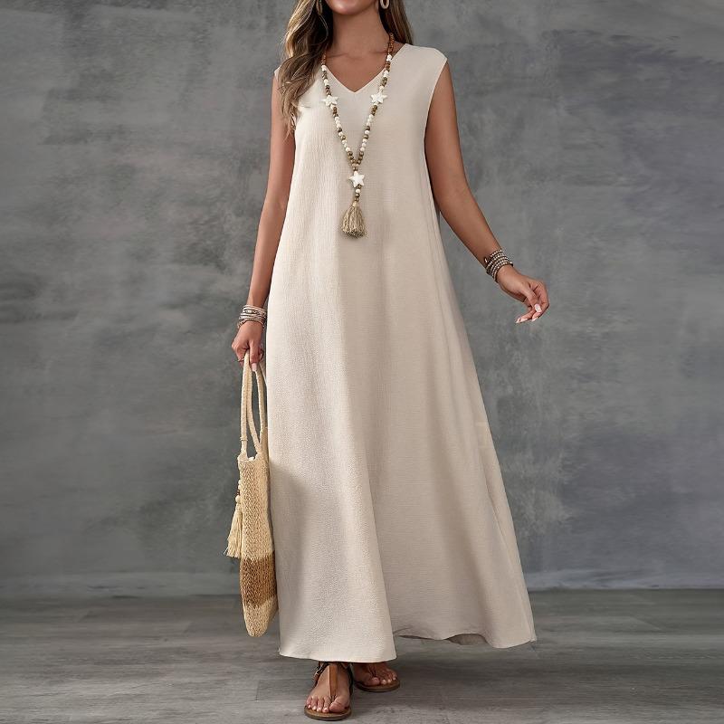 Sleeveless V-neck Side Split Summer Long Dress Elegant Fashion Loose Casual Simple A-line Party Maxi Long Dress Solid Color Woman Clothing