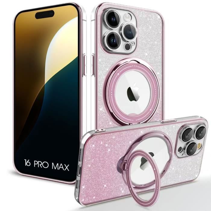 Coque de protection - BOOLING - pour iPhone 16 Pro Max - Silicone - Support rotatif - Rose